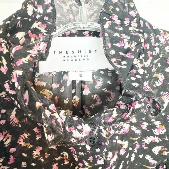 Rochelle Behrens THE SHIRT Black Pink Pattern Ruffle Short Blouse Top Women’s S - Picture 3 of 8